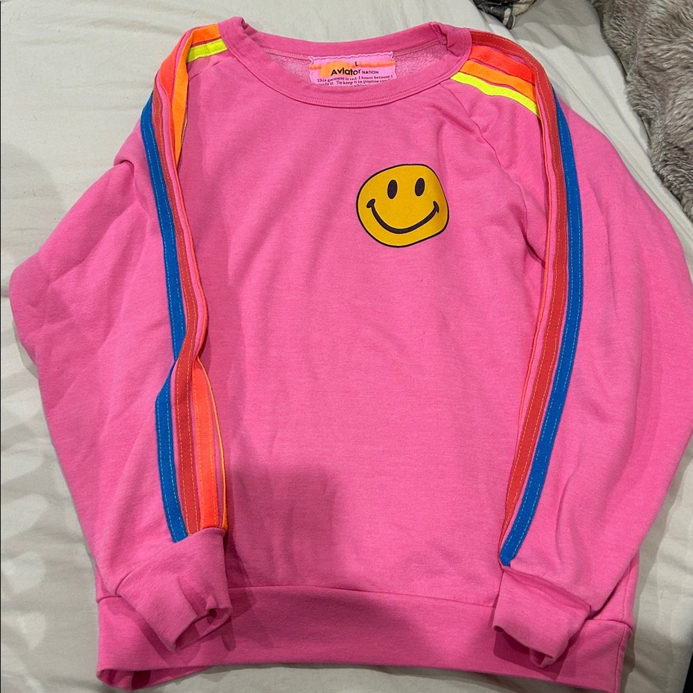 Aviator Nation Pink Sweatshirt with Smiley and Rainbow Stripes